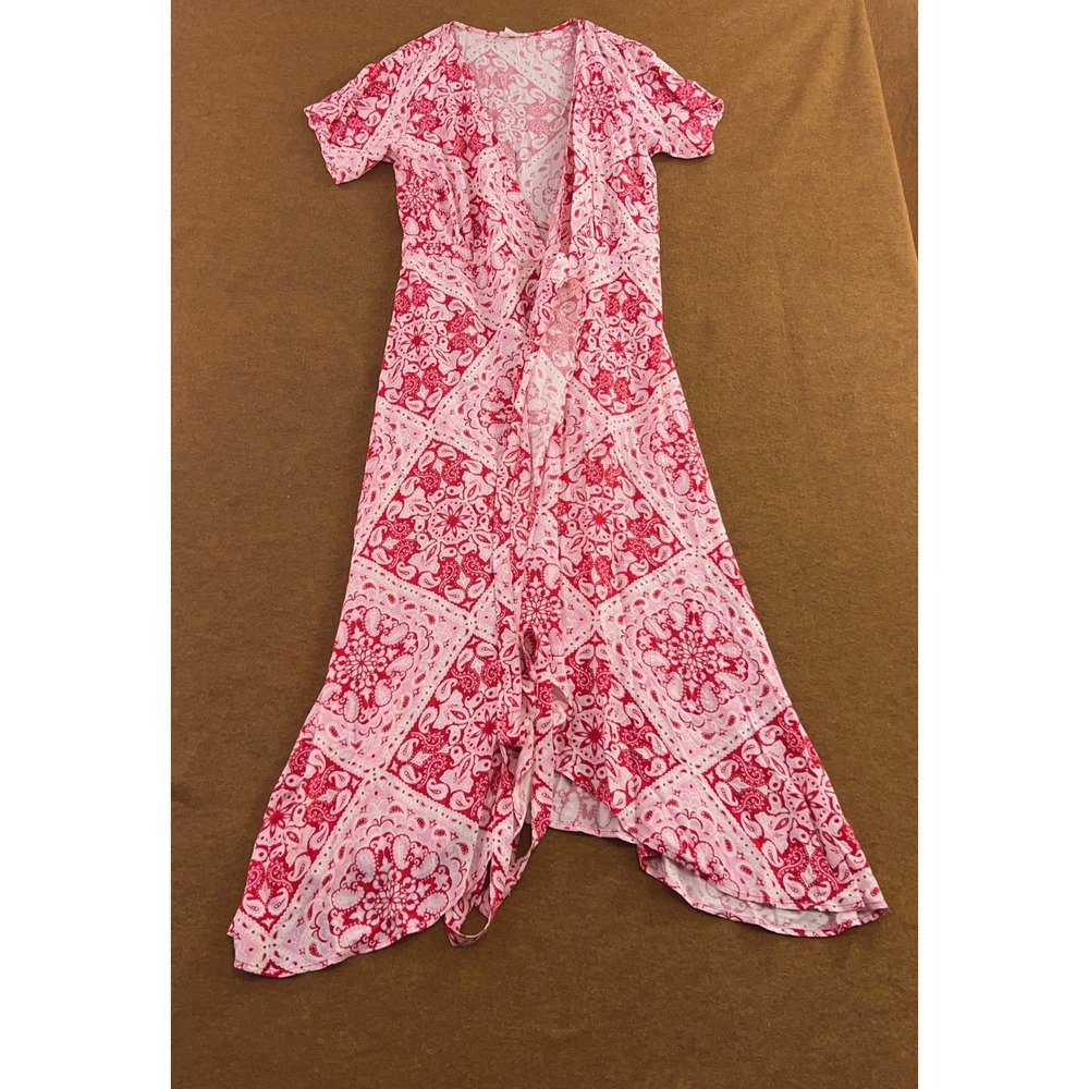 Talisman Womens Small Pink Bandana Paisley Ruffle Wrap Maxi Dress New